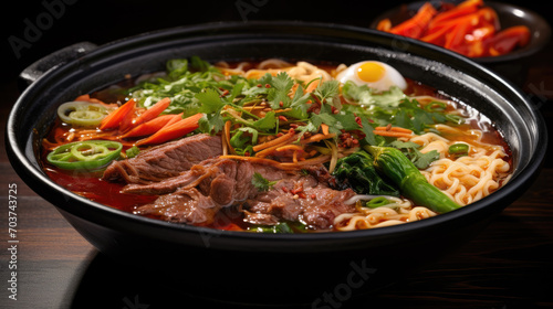 tasty asian classic soup with noodles and meat