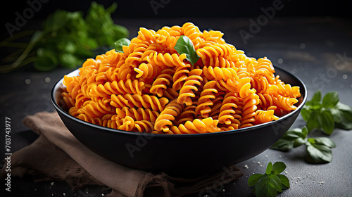 Pasta ingredients. Ingredients for cooking Italian pasta - spaghetti, Pasta fusilli ingredients on dark slate background.