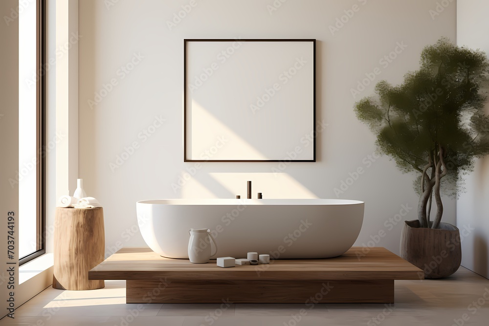 Tranquil modern classic minimalist bathroom with a soaking tub, natural textures, and a clean, uncluttered design Tranquil modern classic minimalist bathroom with a soaking tub, natural textures, and a clean, uncluttered design