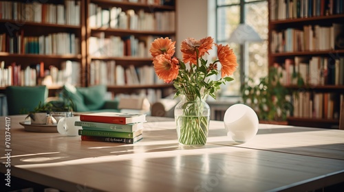 Still life with flowers and books