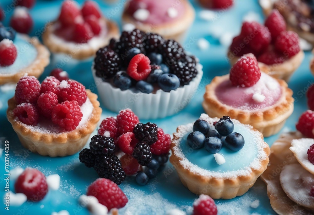 Blue table decorated of sugar powder with variety berry tartlets or cake top view Tasty pastry dessert Blue table decorated of sugar powder with variety berry tartlets or cake top view Tasty pastry dessert