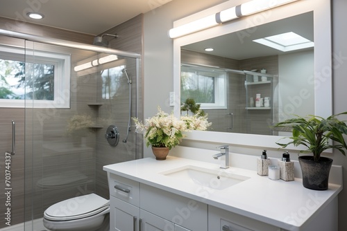 A modern bathroom with a large glass shower and a white vanity