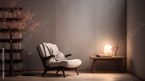 Tranquil reading corner with a single lounge chair, a small side table, and soft, diffused lighting