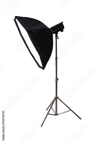 Softbox with flash on tripod stand isolated on white background.