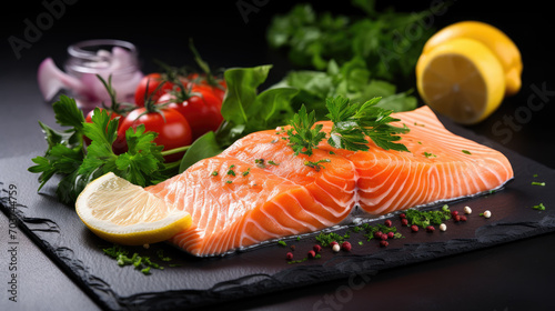 salmon steak with lemon and dill, Healthy plate with salmon fish , lemons and rosemary herbs, Fresh salmon on dark background