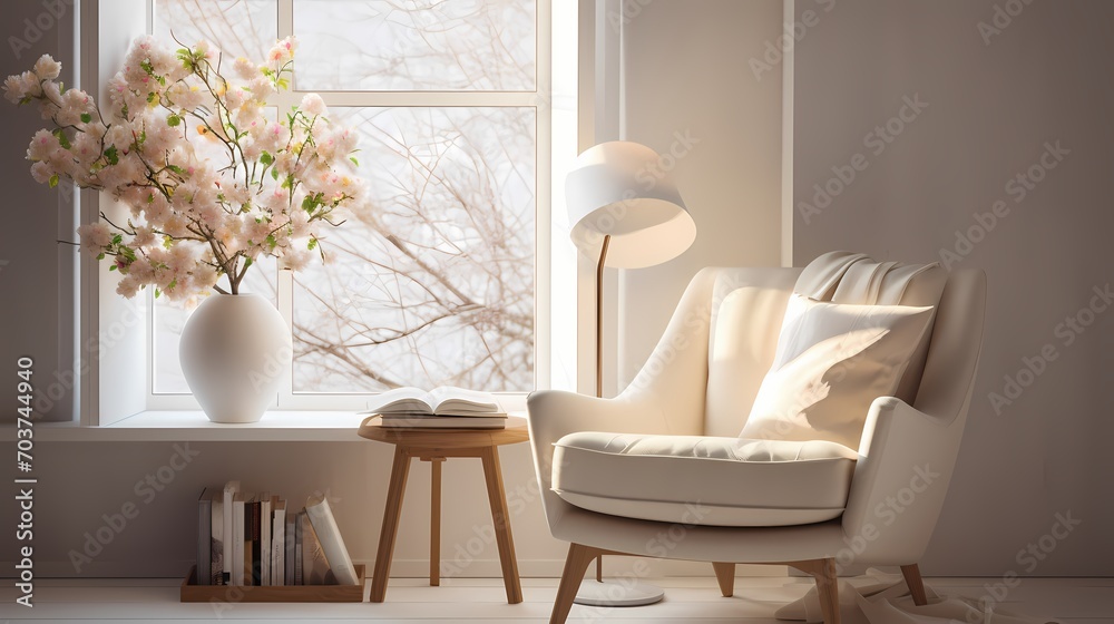 Fototapeta premium Tranquil reading nook with a comfortable armchair, a side table, and soft, diffused natural light