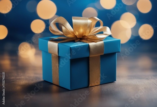 Christmas gift box or present against blue bokeh background Holiday greeting card
