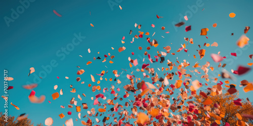 Colorful confetti fly in the blue sky. Festive background, copy space