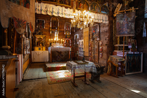 Lviv region  Ukraine - July 15  2021  Interior of ancient wooden church