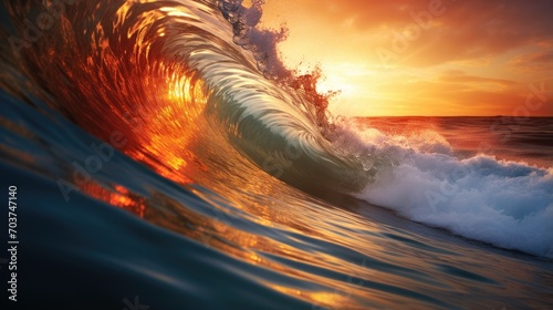 A wave breaking on the ocean at sunset. Generative AI.