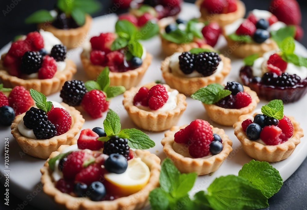 Delicious berry tartlets or cake with cream cheese decorated lemon peel and mint leaf from above Delicious berry tartlets or cake with cream cheese decorated lemon peel and mint leaf from above