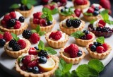 Delicious berry tartlets or cake with cream cheese decorated lemon peel and mint leaf from above