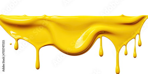 Yellow paint drips and flows down from the top of the picture, isolated a transparent background