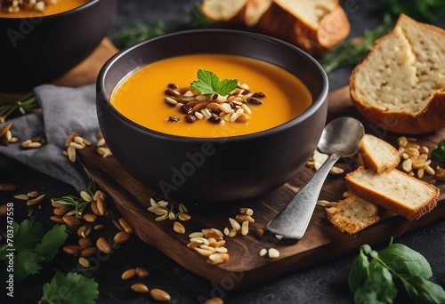Diet autumn pumpkin or carrot cream soup in bowl served with seeds and crouton on stone table