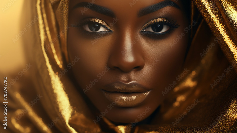 Glamorous Goddess: Closeup of African Beauty in Luxurious Golden Attire