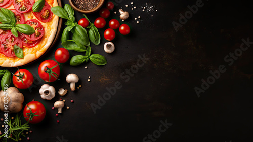 Italian pizza on dark background .Food ingredients for italian pasta, spaghetti on black stone slate background. Copy space of your text. Banner