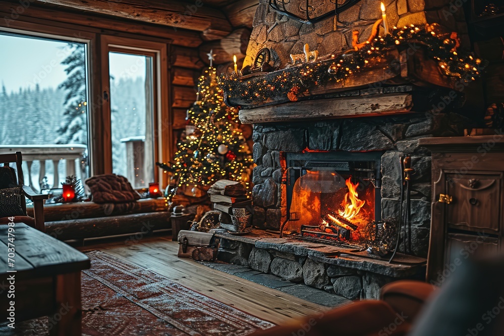 fireplace with christmas decorations in a cozy warm forest wooden log house cabin