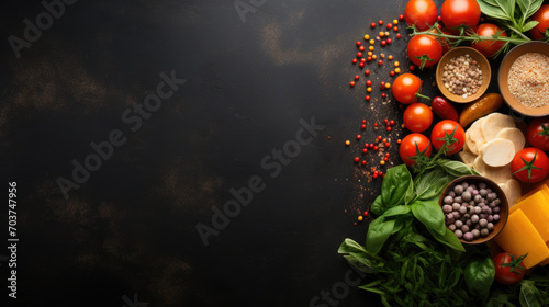 Italian food ingredients on dark background .Food ingredients for italian pasta, spaghetti on black stone slate background. Copy space of your text. Banner