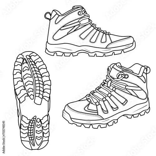 Template vector hiking shoes. Outline vector doodle illustration, front, bottom, and side view. Isolated on a white background.