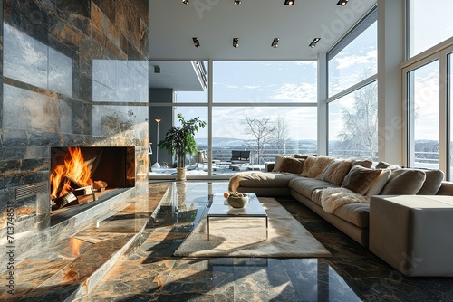 Fireplace decorated with stone tiles in minimalist interior design of modern living room with sofa.
