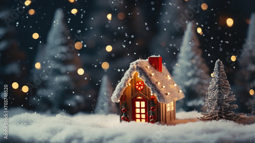 Christmas miniature with houses and spruce forest, Christmas and New Year concept