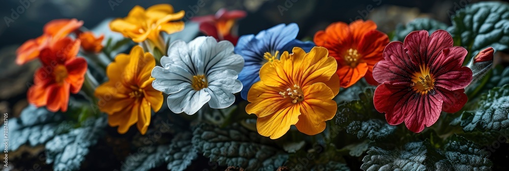 Multicolor Garden Primula Flowers Top View, Banner Image For Website, Background, Desktop Wallpaper
