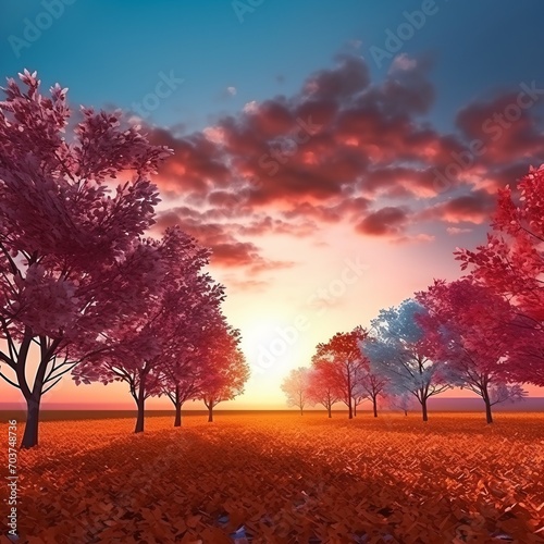 vibrant colored trees in autumn field at sunset