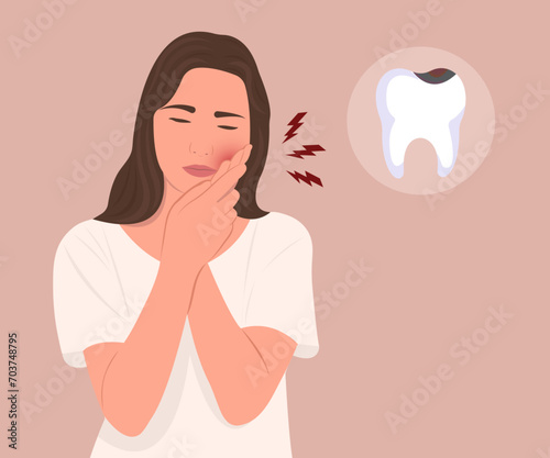 Young woman has toothache due to dental caries or gingivitis, oral and dental health problems. Vector illustration