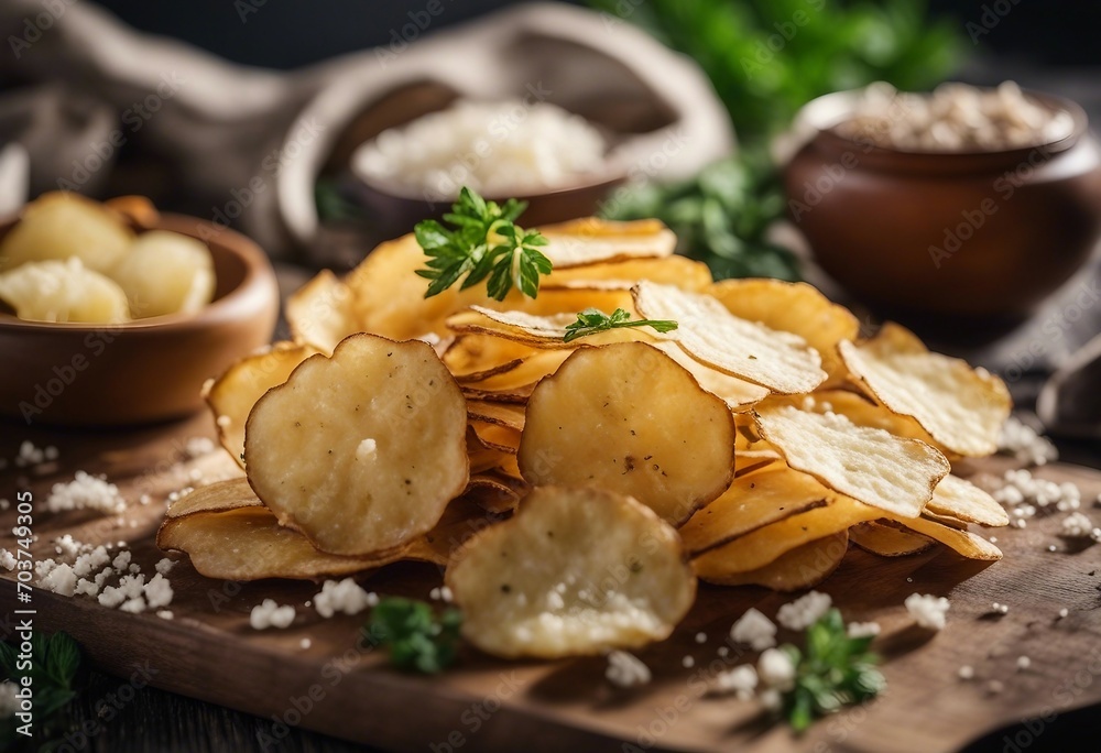 Homemade potato chips with sea salt and herb on wooden cutting board
