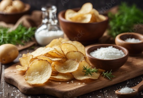 Homemade potato chips with sea salt and herb on wooden cutting board