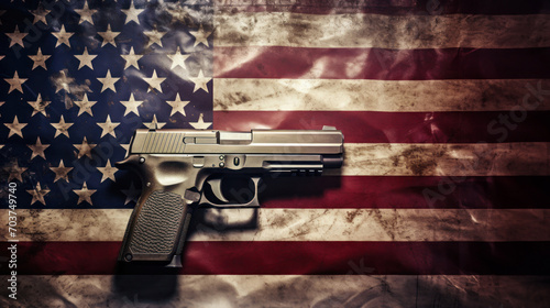 Vintage firearm resting on a distressed American flag, evoking a sense of history and controversy in the United States. photo
