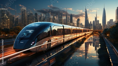 futuristic cityscape with a maglev train