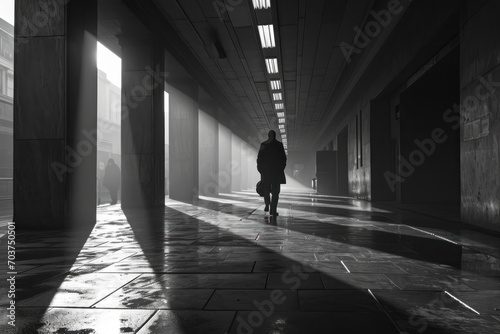 Silhouetted Figure Walking in Modern Corridor.
