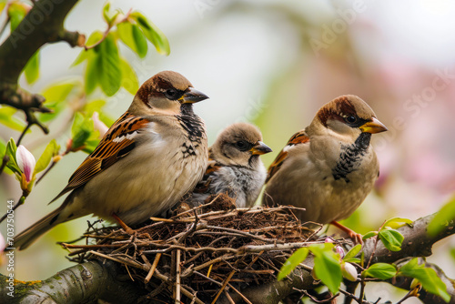 Sparrows Nesting in Springtime Tree Branch. © Fukume