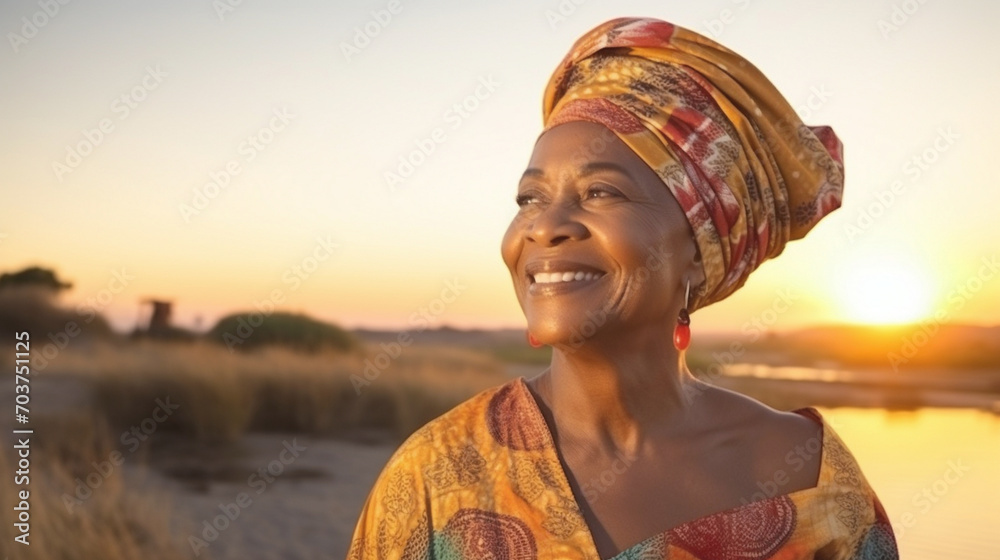 senior black woman with turban, landscape in the background, Black History Month. Generative AI
