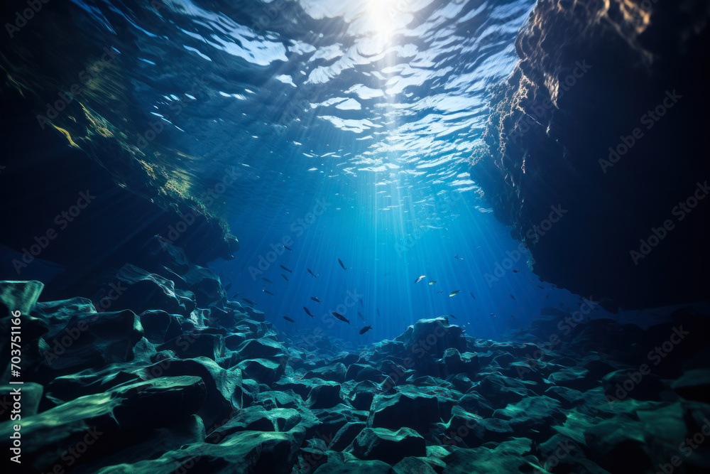 Underwater Cave with Sunlight and Fish. Underwater Cave with Sunlight and Fish.