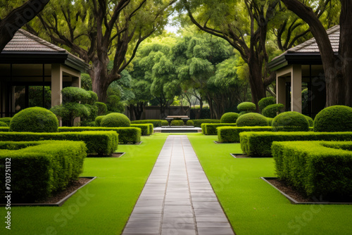 Manicured Garden Pathway with Topiary Hedges. photo