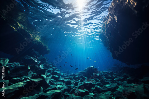 Underwater Cave with Sunlight and Fish.