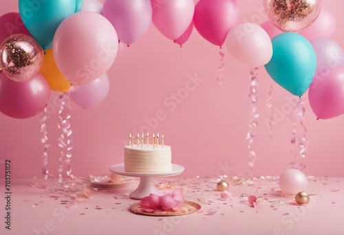 Pastel pink table with colorful balloons and confetti for birthday top view Flat lay style