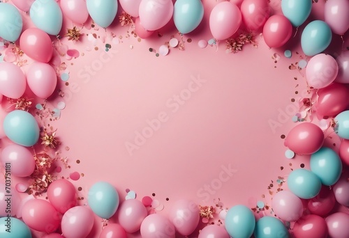Pastel pink table with colorful balloons and confetti for birthday top view Flat lay style