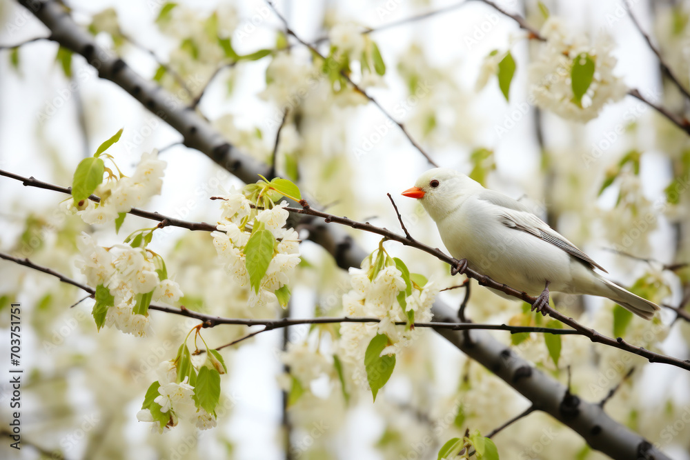 White Bird on a Blooming Tree Branch. White Bird on a Blooming Tree Branch.