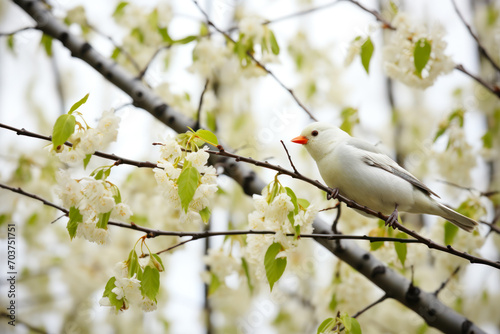 White Bird on a Blooming Tree Branch.