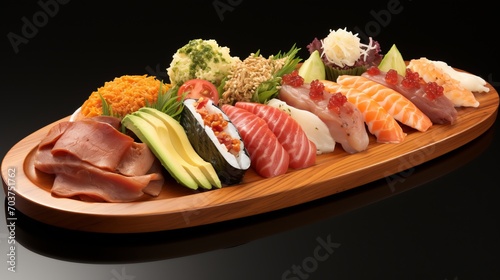 Colorful Sushi Rolls and Fresh Sashimi on Wooden Platter. Exquisite Details and Vibrant Presentation