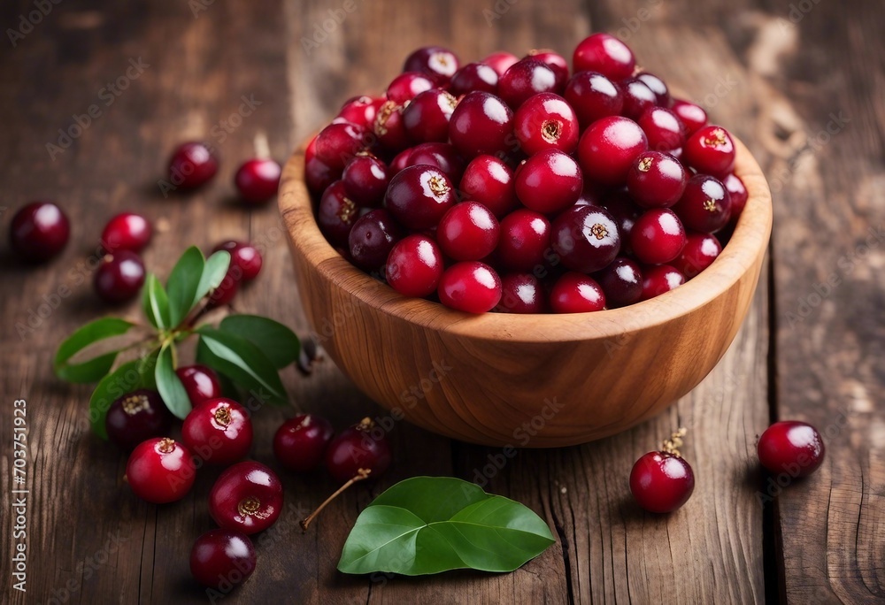 Ripe cranberry in wooden bowl on rustic table top view Ripe cranberry in wooden bowl on rustic table top view