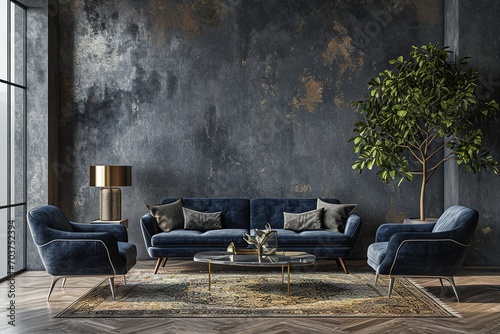 Picture of a luxurious living room interior with a dark blue sofa, armchairs by a coffee table, a gray wall, a modern rug, a floor lamp, and nothing else.