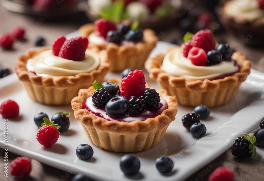 Set of different tartlets or cake with cream cheese and summer berry Pastry dessert top view Set of different tartlets or cake with cream cheese and summer berry Pastry dessert top view