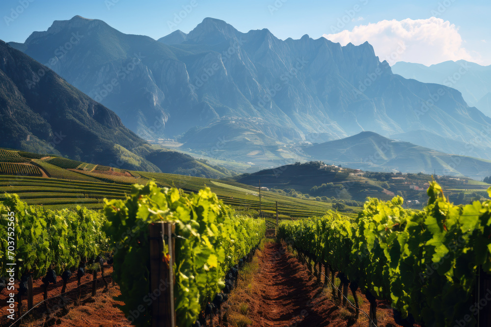 Naklejka premium Lush Vineyards with Dramatic Mountain Range.