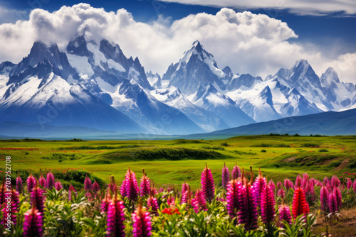 Floral Meadow with Snow-Capped Mountains Backdrop.