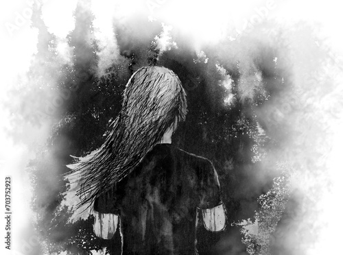 back portrait watercolor painting black and white sad woman.