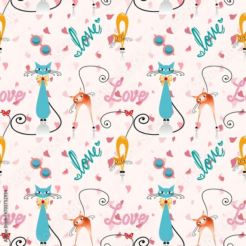 Seamless pattern cute little cat. This cartoon can be reprinted and printed on a variety of materials, suitable for textile businesses. photo